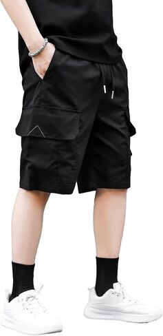 OYOANGLE Men's Drawstring Elastic Waist Letter Patched Flap Pocket Shorts Straight Leg Casual Cargo Shorts in Saudi Arabia