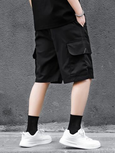 OYOANGLE Men's Drawstring Elastic Waist Letter Patched Flap Pocket Shorts Straight Leg Casual Cargo Shorts in Saudi Arabia