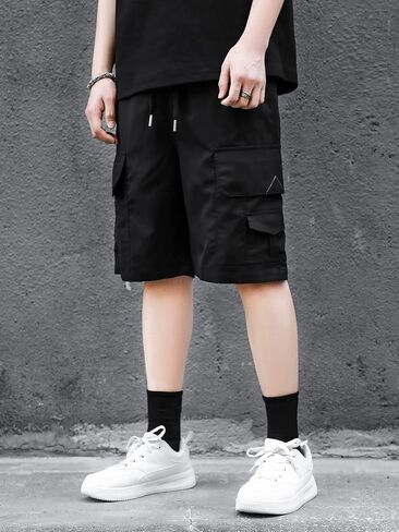 OYOANGLE Men's Drawstring Elastic Waist Letter Patched Flap Pocket Shorts Straight Leg Casual Cargo Shorts in Saudi Arabia