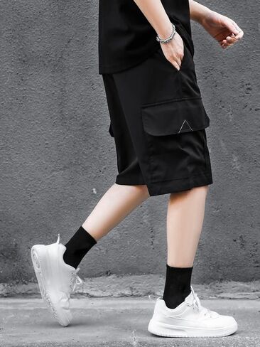 OYOANGLE Men's Drawstring Elastic Waist Letter Patched Flap Pocket Shorts Straight Leg Casual Cargo Shorts in Saudi Arabia