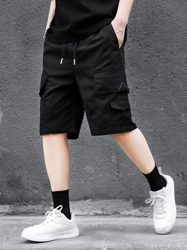 OYOANGLE Men's Drawstring Elastic Waist Letter Patched Flap Pocket Shorts Straight Leg Casual Cargo Shorts in Saudi Arabia