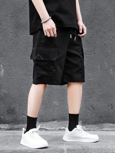 OYOANGLE Men's Drawstring Elastic Waist Letter Patched Flap Pocket Shorts Straight Leg Casual Cargo Shorts in Saudi Arabia