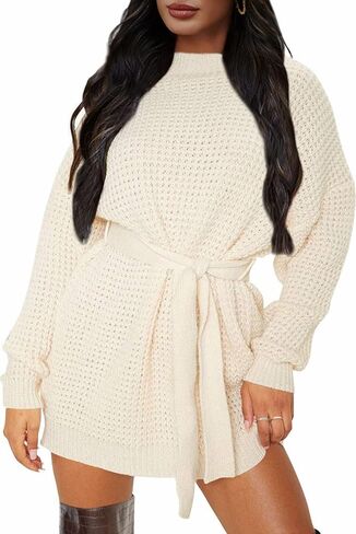 ZESICA Women's Fall Long Sleeve Solid Color Waffle Knitted Tie Wasit Tunic Pullover Sweater Dress in Saudi Arabia