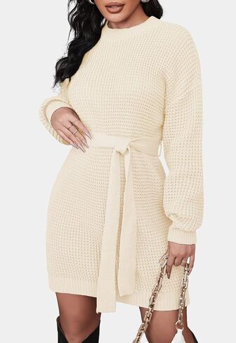 ZESICA Women's Fall Long Sleeve Solid Color Waffle Knitted Tie Wasit Tunic Pullover Sweater Dress in Saudi Arabia