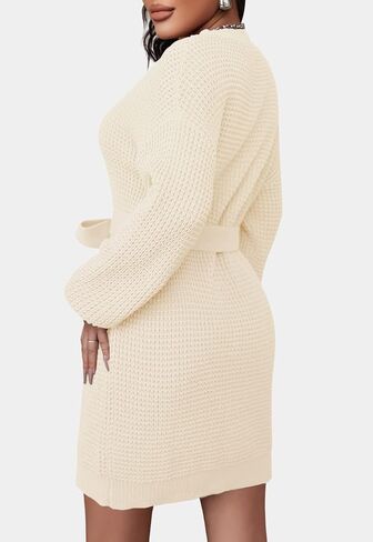 ZESICA Women's Fall Long Sleeve Solid Color Waffle Knitted Tie Wasit Tunic Pullover Sweater Dress in Saudi Arabia