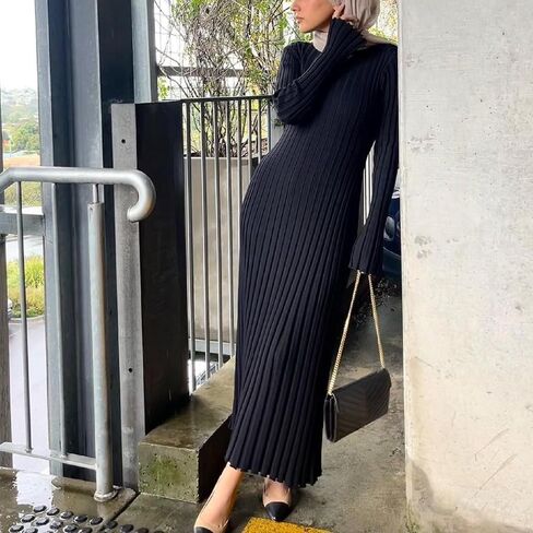 Women Bell Long Sleeve Knit Maxi Dress Crewneck Ribbed Bodycon Long Dress Slim Fit Y2K Sweater Dress Streetwear in Saudi Arabia