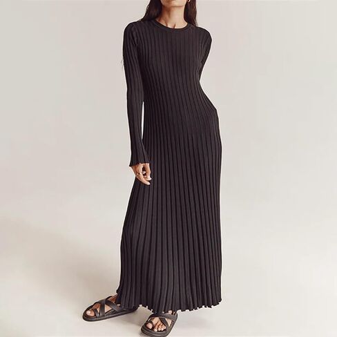 Women Bell Long Sleeve Knit Maxi Dress Crewneck Ribbed Bodycon Long Dress Slim Fit Y2K Sweater Dress Streetwear in Saudi Arabia