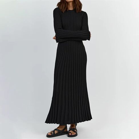 Women Bell Long Sleeve Knit Maxi Dress Crewneck Ribbed Bodycon Long Dress Slim Fit Y2K Sweater Dress Streetwear in Saudi Arabia