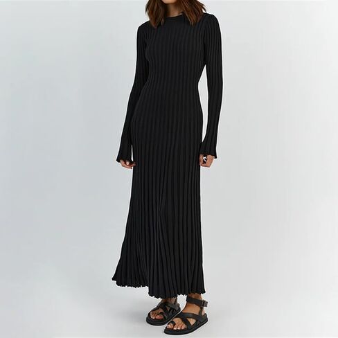 Women Bell Long Sleeve Knit Maxi Dress Crewneck Ribbed Bodycon Long Dress Slim Fit Y2K Sweater Dress Streetwear in Saudi Arabia