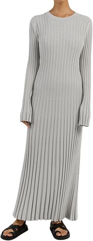 Women Bell Long Sleeve Knit Maxi Dress Crewneck Ribbed Bodycon Long Dress Slim Fit Y2K Sweater Dress Streetwear in Saudi Arabia