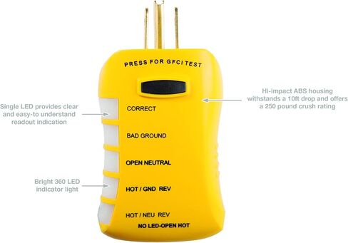 Sperry Instruments GFI6302 GFCI Outlet / Receptacle Tester, Standard 120V AC Outlets, 7 Visual Indication / Wiring Legend, Home & Professional Use, Yellow & Black in Saudi Arabia