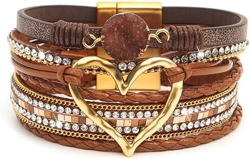 Boho Leather Wrap Bracelets Heart Summer Bracelets Fashion Crystal Layered Bracelet with Stackable Clasp for Women in Saudi Arabia