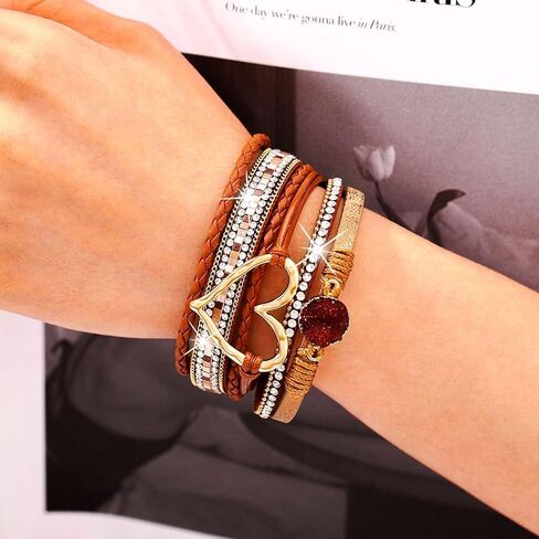 Boho Leather Wrap Bracelets Heart Summer Bracelets Fashion Crystal Layered Bracelet with Stackable Clasp for Women in Saudi Arabia