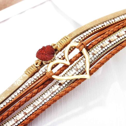 Boho Leather Wrap Bracelets Heart Summer Bracelets Fashion Crystal Layered Bracelet with Stackable Clasp for Women in Saudi Arabia