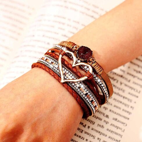 Boho Leather Wrap Bracelets Heart Summer Bracelets Fashion Crystal Layered Bracelet with Stackable Clasp for Women in Saudi Arabia