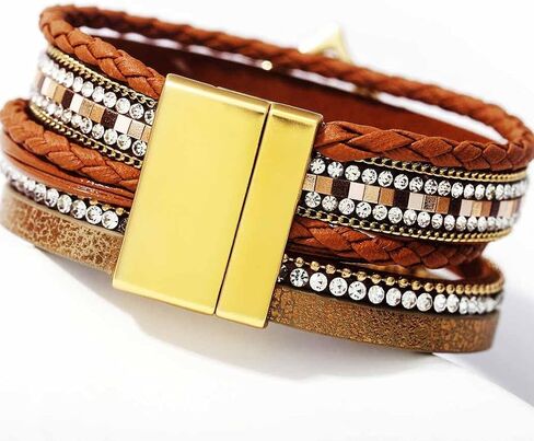 Boho Leather Wrap Bracelets Heart Summer Bracelets Fashion Crystal Layered Bracelet with Stackable Clasp for Women in Saudi Arabia