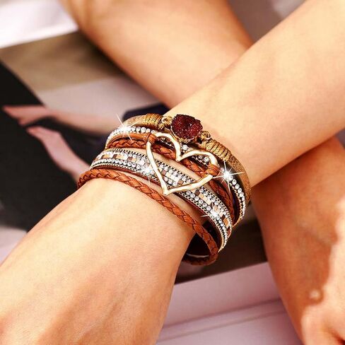 Boho Leather Wrap Bracelets Heart Summer Bracelets Fashion Crystal Layered Bracelet with Stackable Clasp for Women in Saudi Arabia