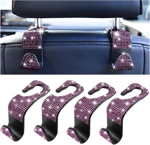 Mandark 4PCS Bling Car Seat Headrest Hooks, Crystal Rhinestone Vehicle Seat Back Hanger for Grocery Purses Handbags, Diamond Auto Seatback Storage Organizer Hanger, Universal for Most Cars (Pink) in Saudi Arabia