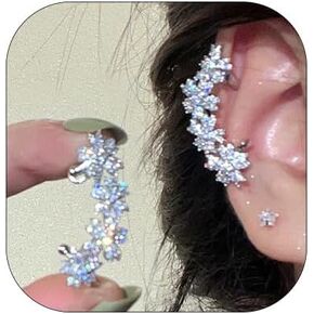 Cubic Zirconia Flower Ear Cuff For Women Sparkly Crystal Flowers Ear Crawler Earrings Plant Floral Cartilage Clip On Wrap Earrings Jewelry Gifts