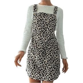 SHENHE Women's Leopard Print Overall Bib Dress Pinafore Suspender Dress Short Jumper Dress