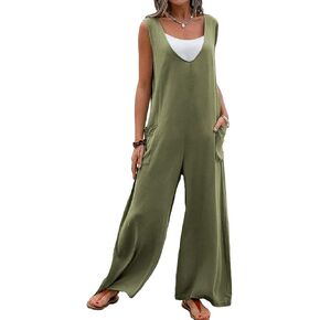 utcoco Women's Casual Sleeveless Bib Overall V Neck Wide Leg Jumpsuit Overalls with Pockets