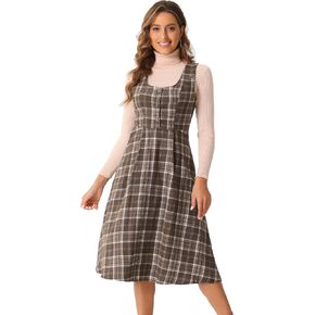 Allegra K Women's Plaid Overall Dress Vintage Sleeveless A-Line Midi Pinafore Dress with Pockets