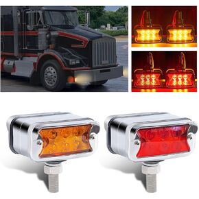 2Pcs Double Face Amber/Red 12 LED Marker Lights Turn Signal w/Horizontal Visor, Chrome Pedestal Lights, Bumper Lights Replacement for Peterbilt/Kenworth/Freightliner Trucks Clear Lens
