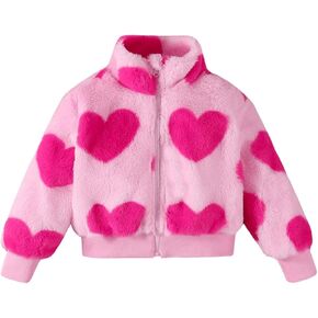 WDIRARA Girl's Cute Heart Pattern Fleece Jacket Zip Up Mock Neck Long Sleeve Teddy Outerwear Coat