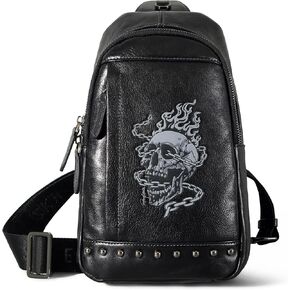 Genuine Leather Small Sling Bag For Men Crossbody,Skull Men's Shoulder Black Bags Single Strap Backpack(Black)