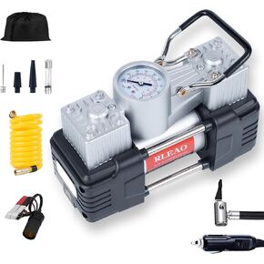 Automatic Tire Inflator Portable Air Compressor 12V 150 PSI Double Cylinders with Adapter and Emergency Light Heavy Duty Air Pump for Car Tires, SUV, Van, Pickup Trucks