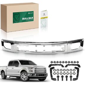 YHTAUTO Front Bumper with Fog Light Holes Fits Ford F-150 2015-2017, without End Caps, Steel Brush Guard for Truck Bull Bar Brush Bar - Chrome Off Road Accessories