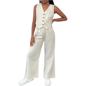 WDIRARA Girl's 2 Piece Outfits Button Down V Neck Vest and Wide Leg Pants Set