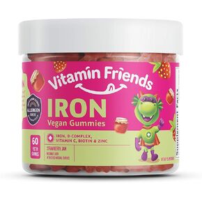 Vitamin Friends - Vegan Multivitamin & Iron for Kids - Daily Nutritional Support Gummies w/Ferrous Fumarate B-Complex, Vitamin C, Zinc, Biotin - Body Function & Anemia - Strawberry, (60 Day Supply)