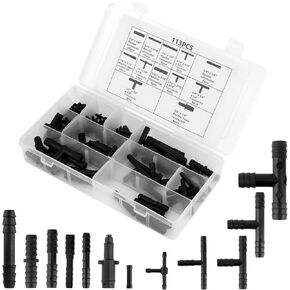 113pcs Vacuum Connector Assortment, Automotive Vacuum Tubing Connector Kit Vacuum Hose Pipe Tube Connector Tee/Straight/Reducer Vacuum Line Connectors Vacuum Fittings (12 Sizes)