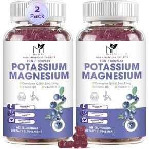 Potassium Magnesium Gummies 1800mg, Sugar-Free Potassium Gummies with Magnesium Glycinate, Taurate, Malate, Chewable Magnesium Potassium Supplements for Leg Cramps & Muscle, Heart Health (2 Pack)