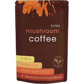 Mushroom Coffee, 6 Adaptogenic Mushrooms - Coffee with Lion's Mane, Reishi, Cordyceps, Shitake, King Trumpet & Turkey Tail, 30 Servings 1 Pack