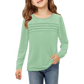 Haloumoning Girls Pleated Front Long Sleeve Shirts Kids Puffed Soft Cute Casual Crewneck T Shirts Tops 5-14 Years