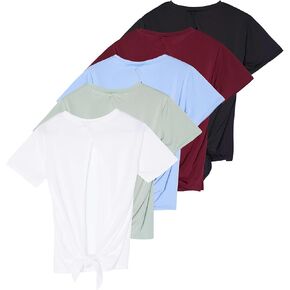 Real Essentials 5 Pack: Women's Short Sleeve Open Back Tie Back Dry-Fit T-Shirt Yoga Gym Workout Top