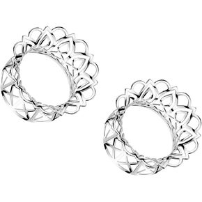 Pierced Owl Rhodium Plated Brass Hollow Filigree Double Flared Tunnels, Sold as a Pair