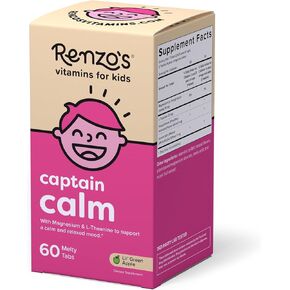 Renzo’s Captain Calm, Kids Magnesium Supplement with L-theanine - Dissolvable Kids Vitamins for Relaxation and Mood Support - Sugar-Free Kids Calming Supplement, 60 Green Apple Flavored Melty Tabs