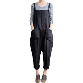 Lncropo Women's Baggy Overalls Linen Jumpsuit Rompers Harem Wide Leg Casual Pants