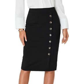 LYANER Women's Basic Stretch High Waist Pencil Bodycon Button Knee Length Straight Office Midi Skirt