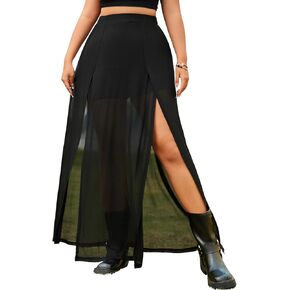 Verdusa Women's Plus Size Skirts High Waist Split Side Sheer Mesh A Line Long Skirt