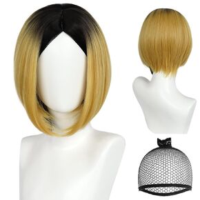 Kozume Kenma Cosplay Wig for Men Haikyu Cosplay Wig Short Straight Black to Gold Wig Anime Cosplay Wig for Halloween Costume Party Kenma Synthetic Wig Cartoon Outfit+ Wig Cap