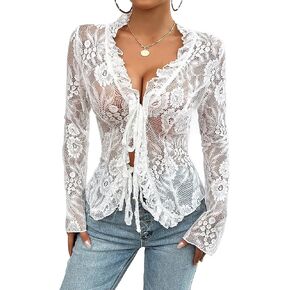 Lace Tops for Women Long Sleeve See Through Sexy Sheer Mesh Crop Top Shirt Open Front Tie Blouse Ruffle for Women