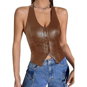 Verdusa Women's Button Front Ruched Halter V Neck Pu Leather Crop Halter Top