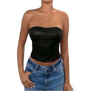 Milumia Women's Pu Leather Tube Crop Tops Lace Up Bustier Tops