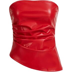 SOLY HUX Women's PU Leather Tube Top Strapless Ruched Asymmetrical Bandeau Tops Rave Concert Outfit