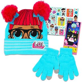 LOL Surprise Beanie and Gloves Set - Bundle with Blue LOL Surprise Knit Winter Hat with Pom Poms, Mittens, Stickers for Toddlers | LOL Surprise Gifts for Kids, Girls