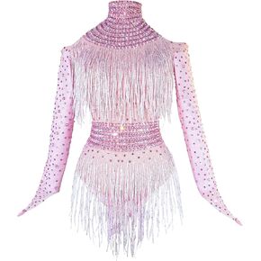 Youmeisha Sexy Fringe Rhinestone Perspective Mesh Bodysuit Women Birthday Party Team Dance Costumes Festival Carnival